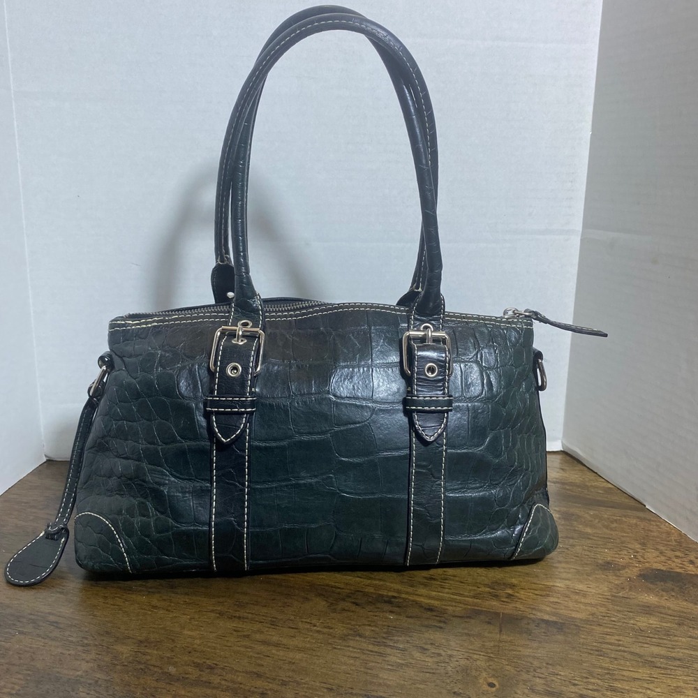 Dooney & Bourke Dark Green Croc Embossed Leather Satchel Handbag Buckle Detail